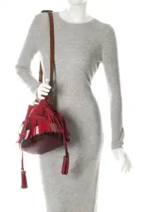 Burberry Belgrove Red Fringe Suede‎ Leather Nova Check Bucket Bag Crossbody