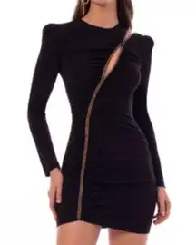 Helsi NWT Josephine Black Gold Crystal Rope Asymmetric Long Sleeve Mini Dress