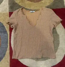 Zara Women Mustard Yellow Metallic Lettuce Edge V Neck Short Sleeve Crop Top S