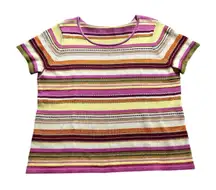 Vintage 90s Embroidered Striped‎ Knit Top XL Indie Folk Whimsical Layering Boho