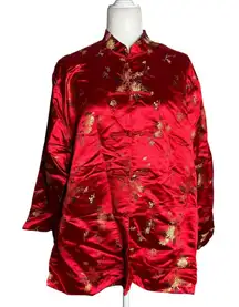 Jade Jade Jade Asian Kimomo Jacket Large Red Floral Lined Frog Buttons Pockets
