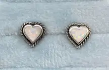 White Opal & Sterling Silver Rope Twist Heart Shaped Stud Earrings