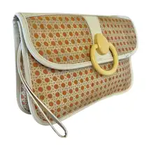 Vintage Lulu Guinness Lattice Print Coral White Vinyl Trim Wristlet Clutch Bag