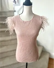 Sioni Light Blush Pink Feather Trim Cap Sleeve Tank Top