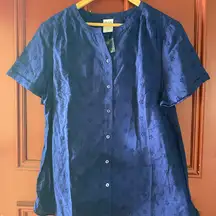 Blair Eyelet Lace Button Up Short Sleeve Navy Blue Blouse‎ Top Size Large NWT