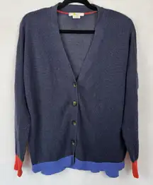 Boden Women's Linen Cardigan Sweater Blue Colorblock Red Cuff Size US 6 UK 10