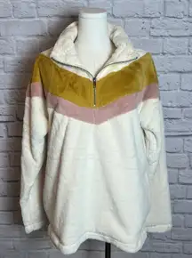 Hem & Thread Women S Ivory Colorblock Sherpa Half Zip Pullover Cozycore Neutral