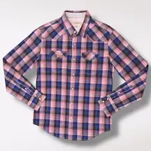 Heritage 1981 Western Snap Shirt Pink Blue Plaid Pearl Buttons Size Small