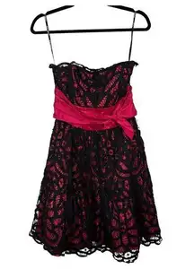 Betsey Johnson Vintage Y2K Black Hot Pink Lace Bow Mini Dress Size 8