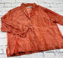 Chico's  Sheer Printed Button Blouse Shirt Size 2 Peach Cotton Silk Long Sleeve