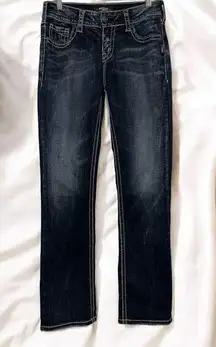 Silver Jeans SUKI Mid Straight western works distressed Size 28 stretch