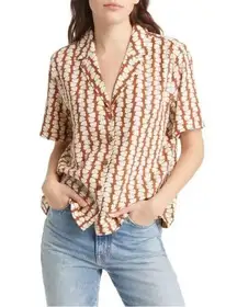 Brown and Orange Boxy Button Down Shirt with Notched Camp Collar linen Blend