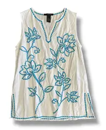 Grace Elements White Blue Embroidered Linen Blend Tunic Top L Classic‎ Coastal