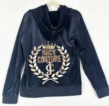 Juicy Couture Velour Full Zip Hooded Bling Jacket Size Large Navy Blue Y2K