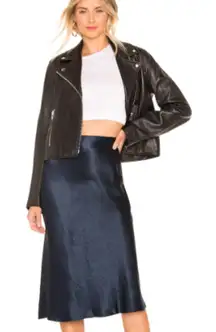 VINCE Satin Slip Midi Skirt in Midnight Navy Coastal Blue XS $298