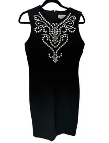 NWT‎ Carmen Marc Valvo Beaded Neck Ponte Sheath Dress Black M