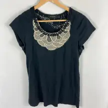 MM Couture by Miss Me Embroidered Top Tshirt Black Tan Size Large