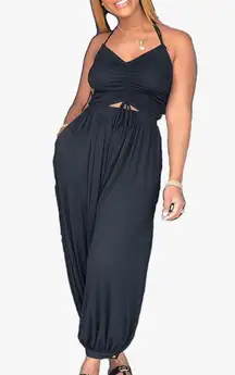 Women Sexy V Neck Halter Sleeveless Drawstring Front Cutout Loose Harem Jumpsuit