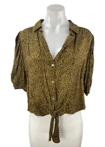 Free People Celia Olive Green Leopard Animal Print Tie Button Up Shirt Top Sz S