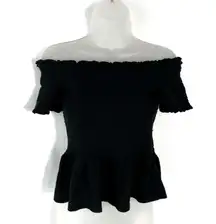 Solid Black Smocked Stretch Peplum Hem Short Sleeve Top Medium M