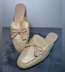 COACH Stassi Raffia Slide Sandals Neutral Gold Weave Slip On Tassle Size 6.5
