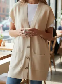 Downeast Cream Sleeveless Cardigan Sweater Ribbed Loose