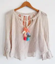 Zara Women's Cream Layered Mesh Peasant Boho Top Tassels Size XS