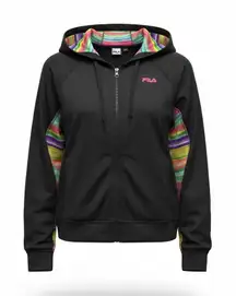 FILA Y2K zip up hoodie. Women’s size XL. Black with multi color accents