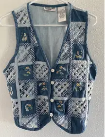 Vintage Vest Womens Size PL Blue‎ Cream Gingham Embroidered Beaded Sunflower