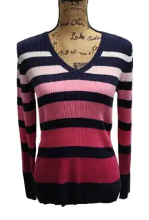 Liz & Co. Womens Medium V Neck Striped Knit Sweater Pink Blue Cotton Blend