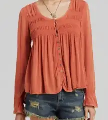 FREE PEOPLE Blue Bird Smocked Tunic Top Burnt Orange Boho Medium long sleeve