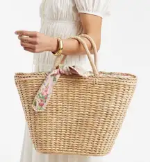 Mark & Graham x Sanderson woven straw rattan floral fabric tie top basket tote