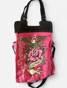 Y2K 2000s Ed Hardy tote shoulder crossbody book laptop work school bag purse grunge goth #alternative #cyber #punk #whimsygoth #academia #streetwear #preppy pink black. 