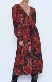 Zara paisley print long sleeve v-neck button down midi dress size small boho