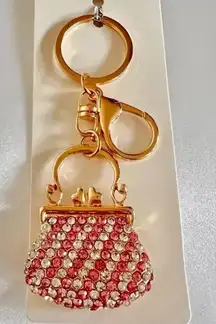 Mini Purse Bag And Key Chain Charm Pink Crystal Rhinestone Gold Tone Hardware