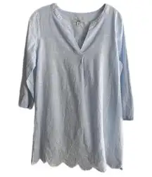 Nautical Coastal Blue White Striped Tunic Embroidered Cotton Classic Summer Top