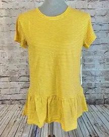 Caslon Womens Yellow Ivory Striped Crewneck Short Sleeve Peplum Tee Small NWT