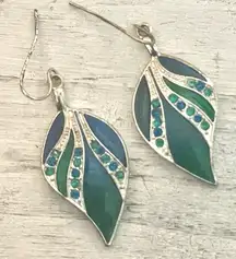 Kenneth Cole silver tone Green leaf rhinestone drop earrings