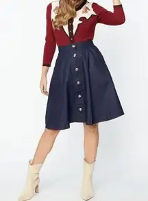 Unique Vintage Denim Rhinestone Button Up Swing Skirt with Pockets 4X