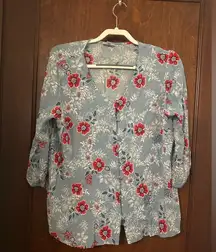 J. Jill Blue Floral Breeze Button Front Blouse Size L