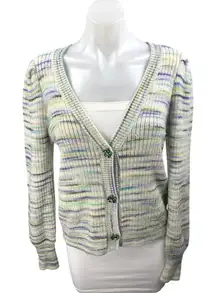 Sundays Multicolor Striped V-neck Jeweled Button Long Sleeve Cardigan Sweater S