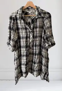 Khakis & Co. Plaid Tunic‎ Popover Shirt Blouse Top Size S Rayon Black Beige