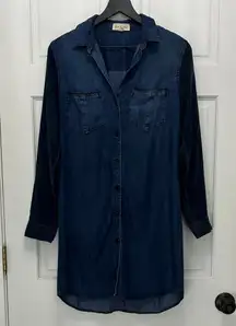 Cloth & Stone Dark Blue Chambray Long Sleeve Mini Shirt Dress - Size Small