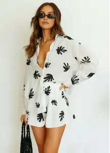 Commense Chill Life Plant Print Casual Relaxed Vacation Top & Short Set White XS