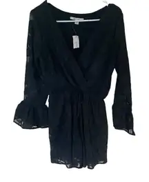 Miami NEW black bell bottom sleeves lace faux wrap medium romper
