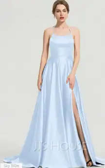 JJs House Sky Blue Satin A Line Scoop Neck Sweep Train Prom Gown