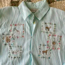 Blue and white striped whimsical button-up shirt with embroidered animals Size S