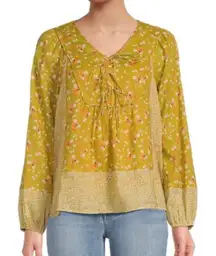 Daniel Rainn Puff Sleeve Blouse Mustard Yellow Floral Boho Casual Size XXL