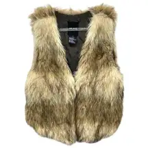 Me Jane sz M tan & brown BOHO long‎ hair faux fur hook & eye closure V-neck vest