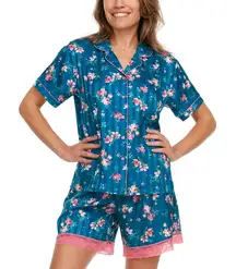 NWT Flora Nikrooz Women's Notch Collar Soft Satin Blue PJ Set XL